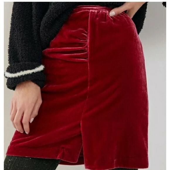 Anthropologie Skirt 2 Montie Crushed Velvet Mini Ruched Festival Grunge Burgundy - Picture 1 of 8